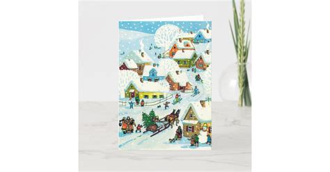 Vintage Christmas Card | Cute Snowy Village | Zazzle