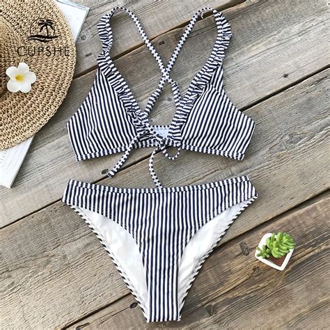 CUPSHE Navy And White Stripe Ruffles Bikini Sets Women Cute Crisscross