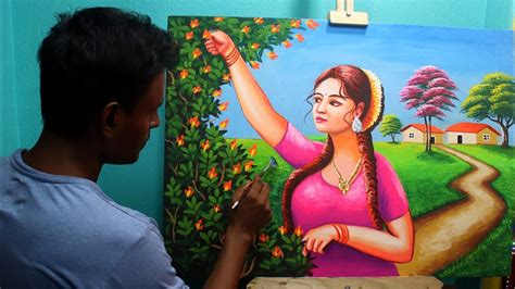 Beautiful Village Girl With Nature Drawing Painting Youtube