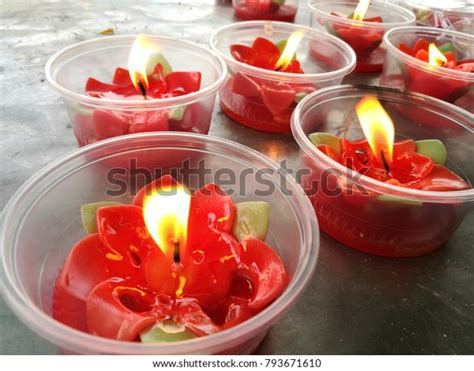 Burning Red Flower Candle Chinese Shrine Stock Photo