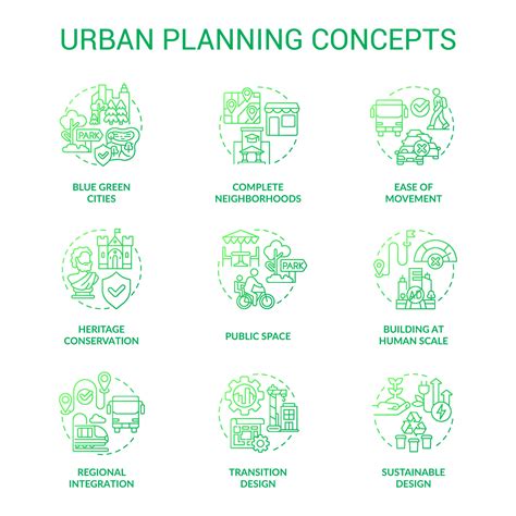 Urban Planning Green Gradient Concept Icons Set Town Development Process Idea Thin Line Color