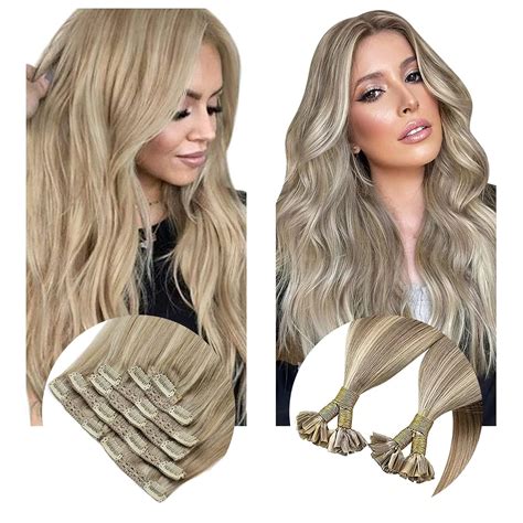 Amazon Sunny Blonde Clip In Hair Extensions Human Hair Ash Blonde Mix Golden Blonde Bundle