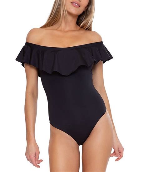 Trina Turk Solid Monarco Off The Shoulder Ruffle One Piece Swimsuit