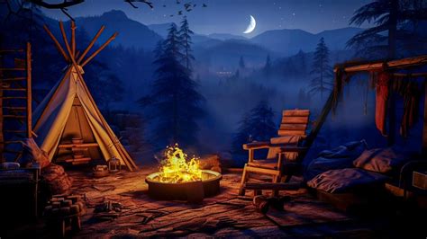 Nighttime Camping Ambience In The Forest Crackling Fire Crickets