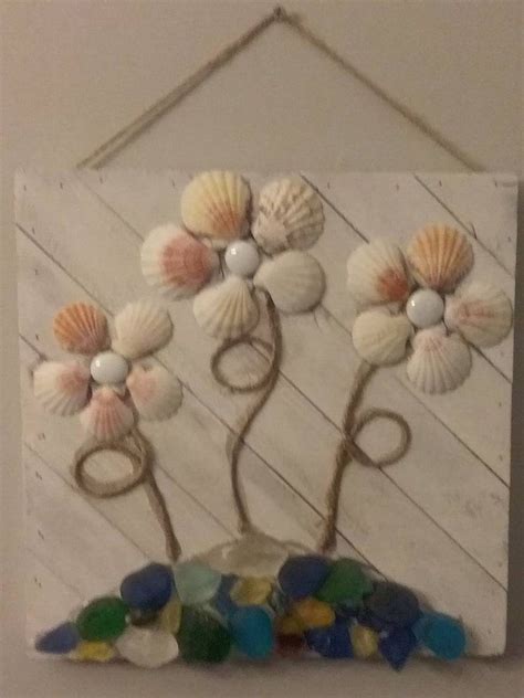 Sea Shell Sea Glass Flower Art Ship Lap Wood Sea Shell Etsy Sea