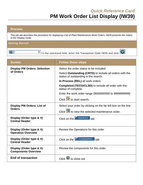 Pdf Quick Reference Card Pm Work Order List Display Iw Pdf