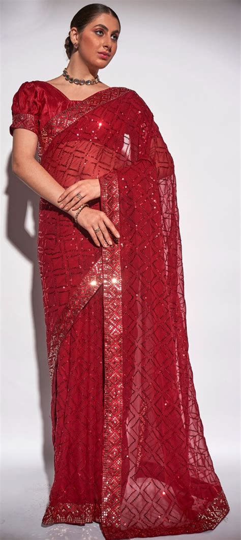 Festive Party Wear Red And Maroon Color Georgette Fabric Saree