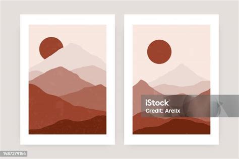 Poster Lanskap Gunung Abstrak Alam Kontemporer Sun Moon Art Print