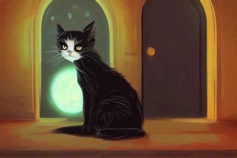 Meowing Black Cat Sitting Next To A Glowing Doorway Stable Diffusion