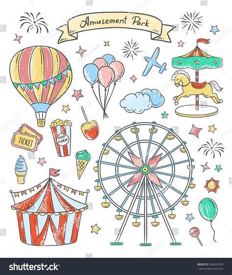 Amusement Park Hand Drawn Illustrations Vintage Stock Vector Royalty