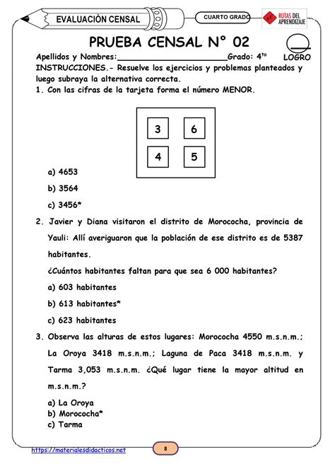 PRUEBA CENSAL MATEMÁTICA CUARTO GRADO BÁSICO Materiales Didacticos