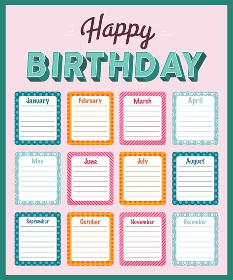 A Birthday Calendar With The Words Happy Birthday Written In Different