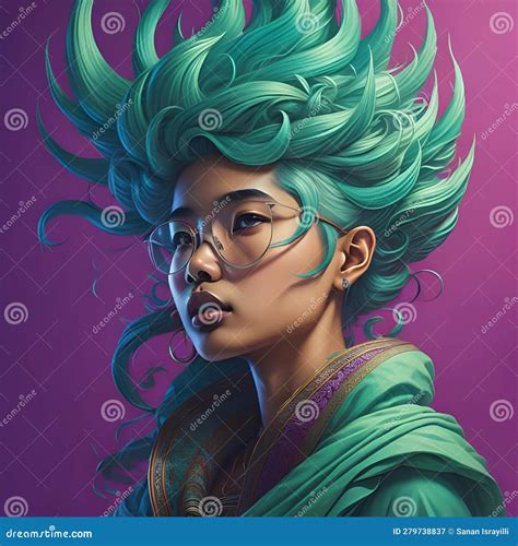 Portrait Of A Beautiful Girl With Green Hair And Glasses Ai Generated