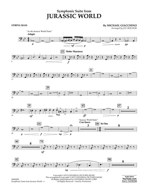 Jurassic World Symphonic Suite String Bass By Jay Bocook Sheet Music For Concert Band At