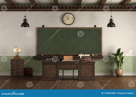 Retro Style Empty Classroom with Blackboard and Desk Teacher`s Desk ...