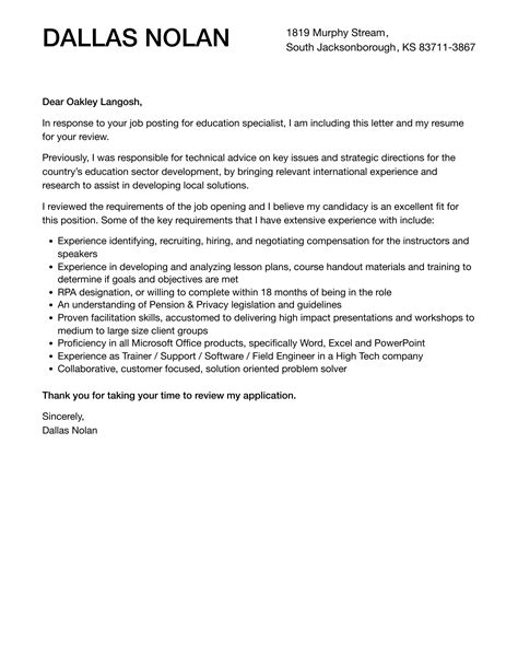 Education Specialist Cover Letter Velvet Jobs