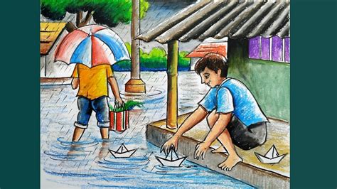 How To Draw Rainy Day Scenery With Oil Pastel Colorainy Season Drawin