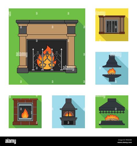 Different Kinds Of Fireplaces Flat Icons In Set Collection For Design