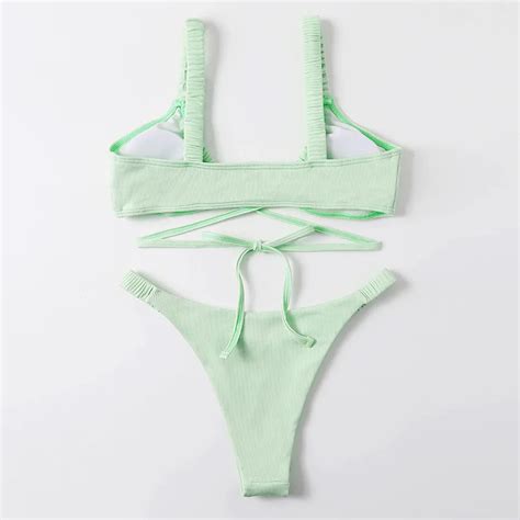 Mint Green Sexy String Thong Bikini Open Girl High Waist Bathing Suit Band Women Custom Stocked