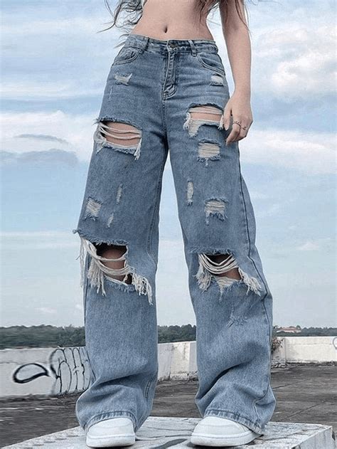 Blue Distressed Ripped Jeans in 2022 | Ripped jeans women, Fashion ...