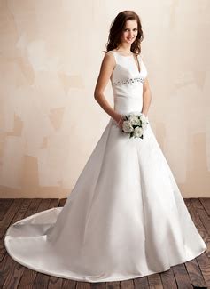 A Line Princess V Neck Chapel Train Satin Wedding Dress With Beading