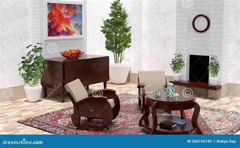 Warm And White Living Room With Javanese Furniture Stock Photo ...