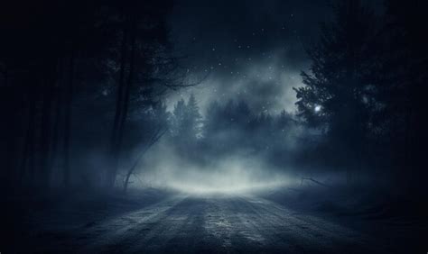 Premium Photo | Fog In Spooky Forest At Moon Light On Asphalt