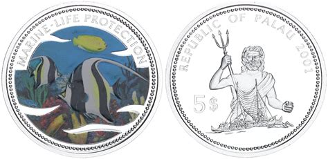 5 Dollar 2001 Palau Farbmünze Neptun Schutz der Meeresfauna