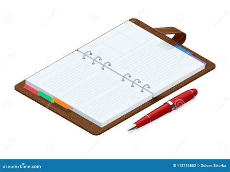 Isometric Open Blank Spiral Notepad Notebook And Red Pen Isolated On