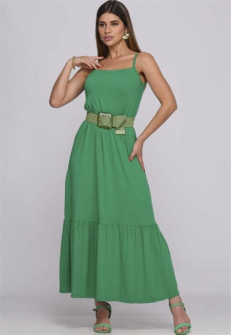 Vestido Longo de Alças Finas e Barra Rodada BBonnie Muriel Verde