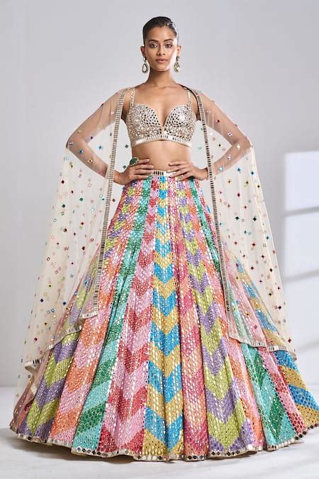 Buy Gold Net Embroidered Mirror Sweetheart Neck Lehenga Set For Women