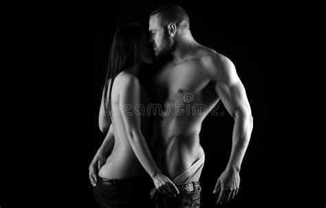 Muscular Man With Naked Torso Embrace Sensual Woman Romantic Couple In