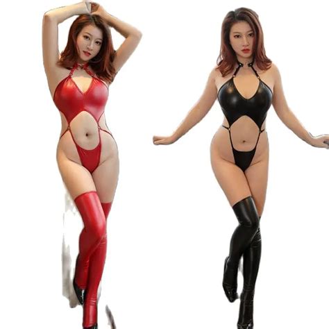 Two Piece Set Pu Leather Bodysuit Hollow Out High Cut Japanese Cosplay