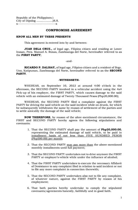 612111461 Compromise Agreement 1 Republic Of The Philippines City