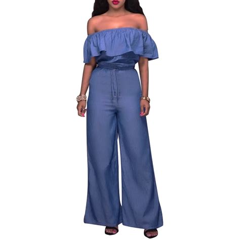 Tilapia New Designs Women Denim Jumpsuits Wide Leg Ruffles Solid Loose