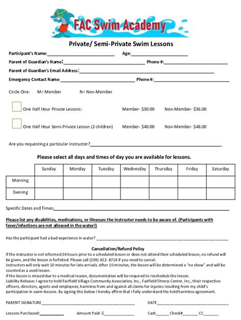 Fillable Online Microsoft PowerPoint Private Swim Lessons Form Fax