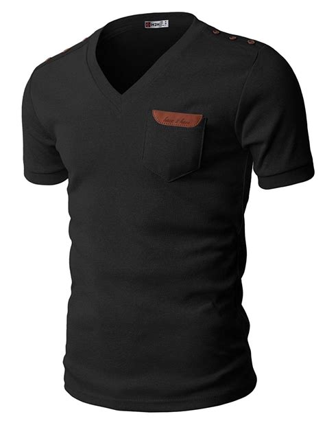 Mens Basic Cotton V Neck T Shirts With Point Shoulder Button Leather