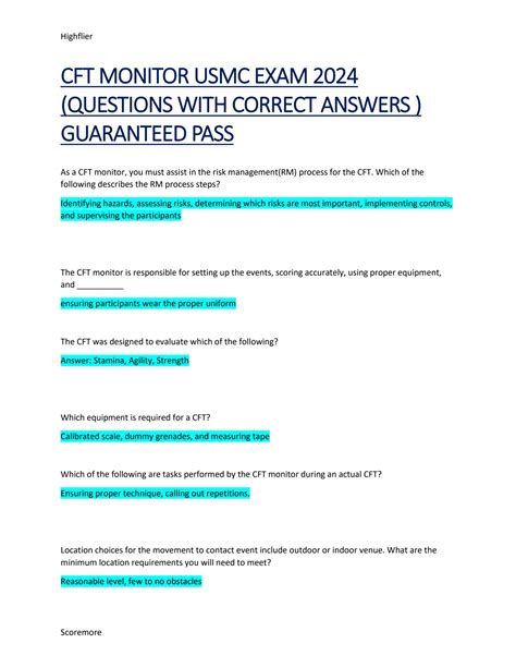 SOLUTION Cft Monitor Usmc Exam 2024 Questions With Correct Answers