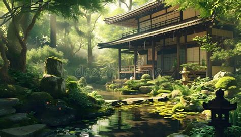 Japanese Garden , Anime Style Stock Illustration - Illustration of ...