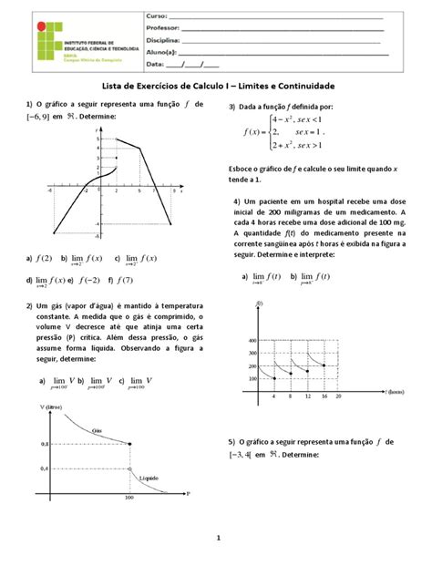 Lista De Exercícios De Calculo I Limites E Continuidade Pdf Função