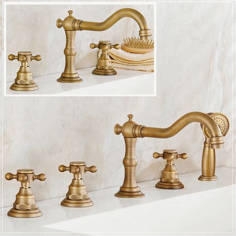 Antique Brass 2 And 3 Handles Deck Mount Widespread Bathtub Basin Sink Faucet Retro Style Tub