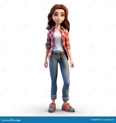 Realistic 3d Cartoon Girl In Jeans And Plaid Shirt Stock Illustration