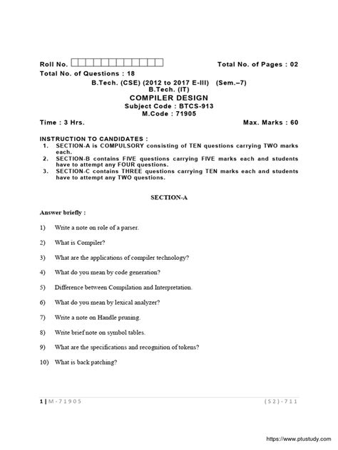 Btech Cse It 7 Sem Compiler Design 71905 Jan 2021 Pdf Parsing