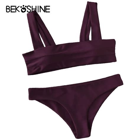 Bekoshine Swimwear Summer Bikini Set Women Solid Swimsuit Psuh Up