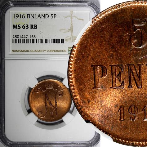 5 Pennia Finland Russian Tsar Nicolas II 1895 1917 1916 NGC MS63 RB