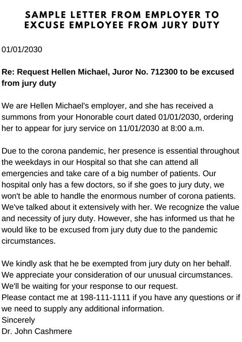 Jury Duty Excuse Letter From Employer Sample