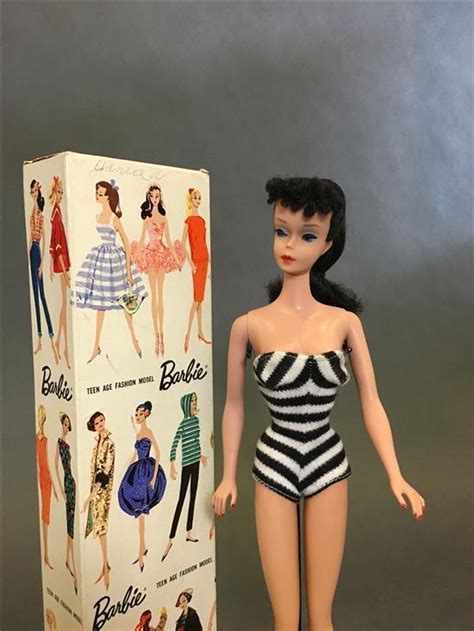 Lot Brunette Ponytail Barbie In Original Swimsuit And Box Comes With Wire Pedestal With
