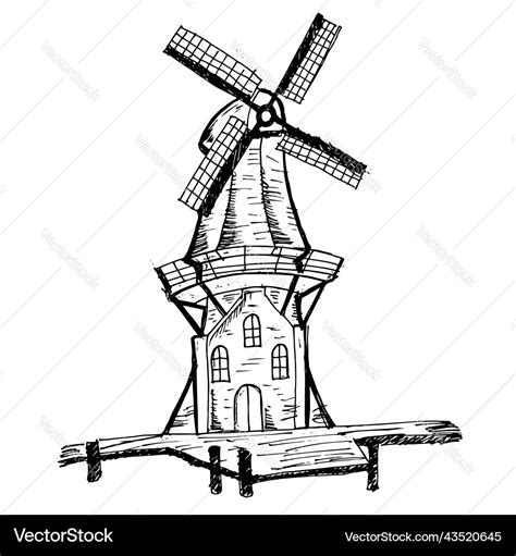 Windmill building sketch drawing design Royalty Free Vector