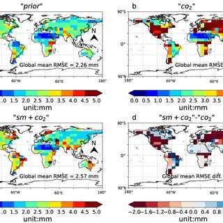 Comparisons of RMSE of monthly soil moisture from the (a) "prior", (b ...
