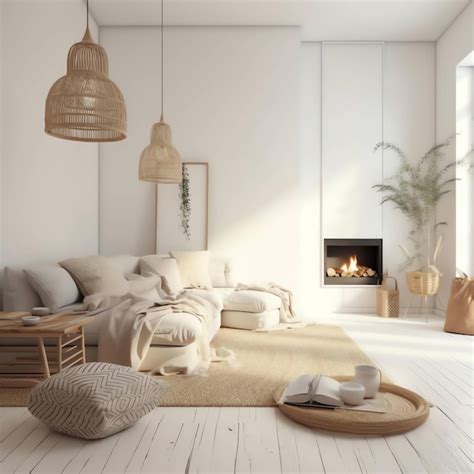 Premium Photo | A living room with a fireplace and a lamp hanging from ...